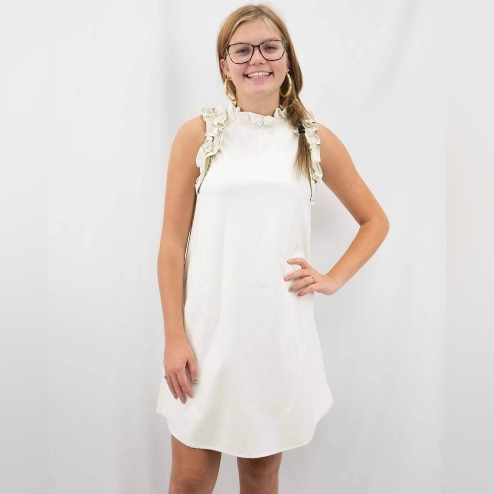 TCEC Ivory Faux leather Ruffle Midi Dress